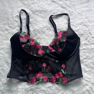 Victorias Secret Very Sexy Cherry Embroidered Mesh Bustier Corset Top Black 32D
